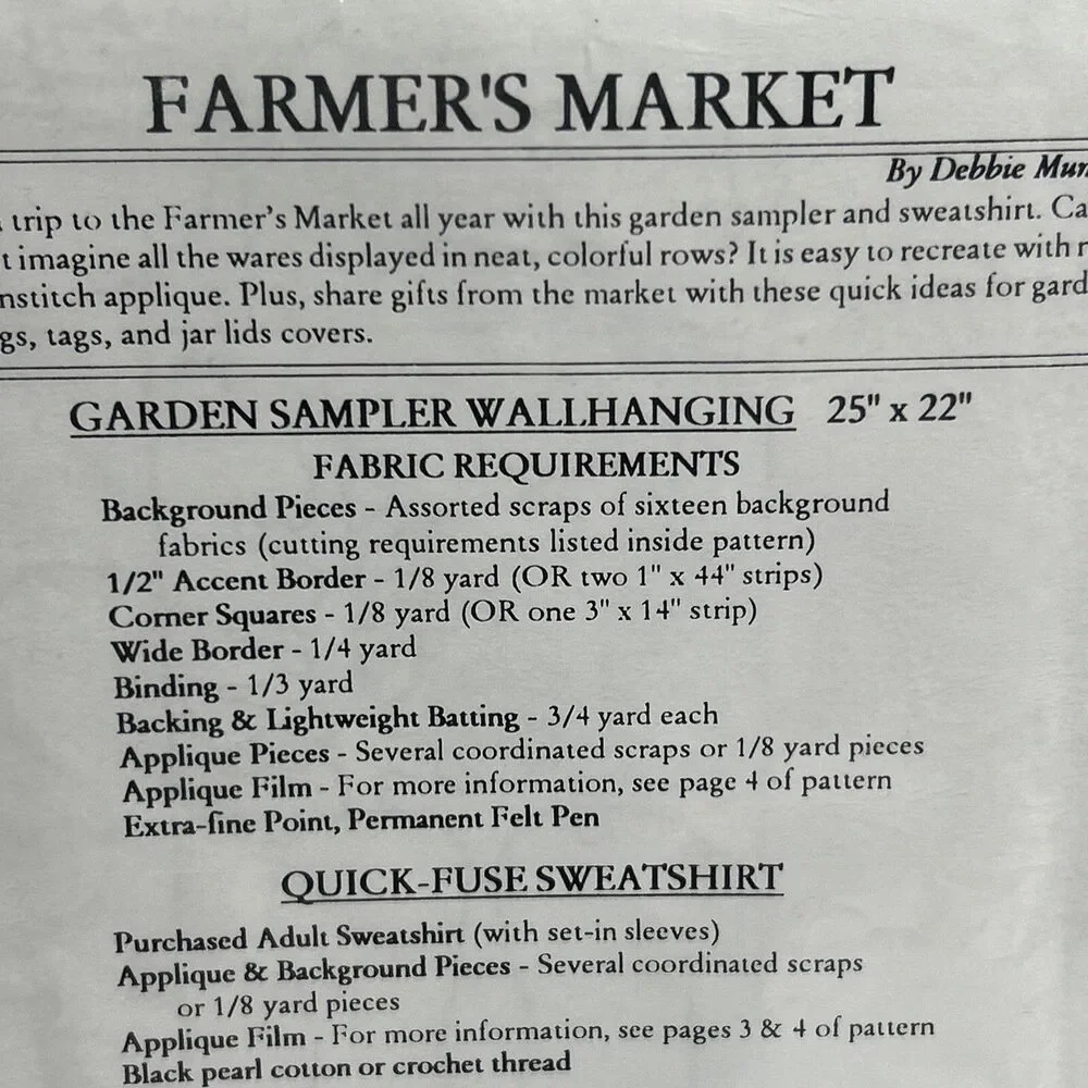 Farmers Market Vegetable Fruit Mumms the Word NEW Vintage Sewing Pattern 1994